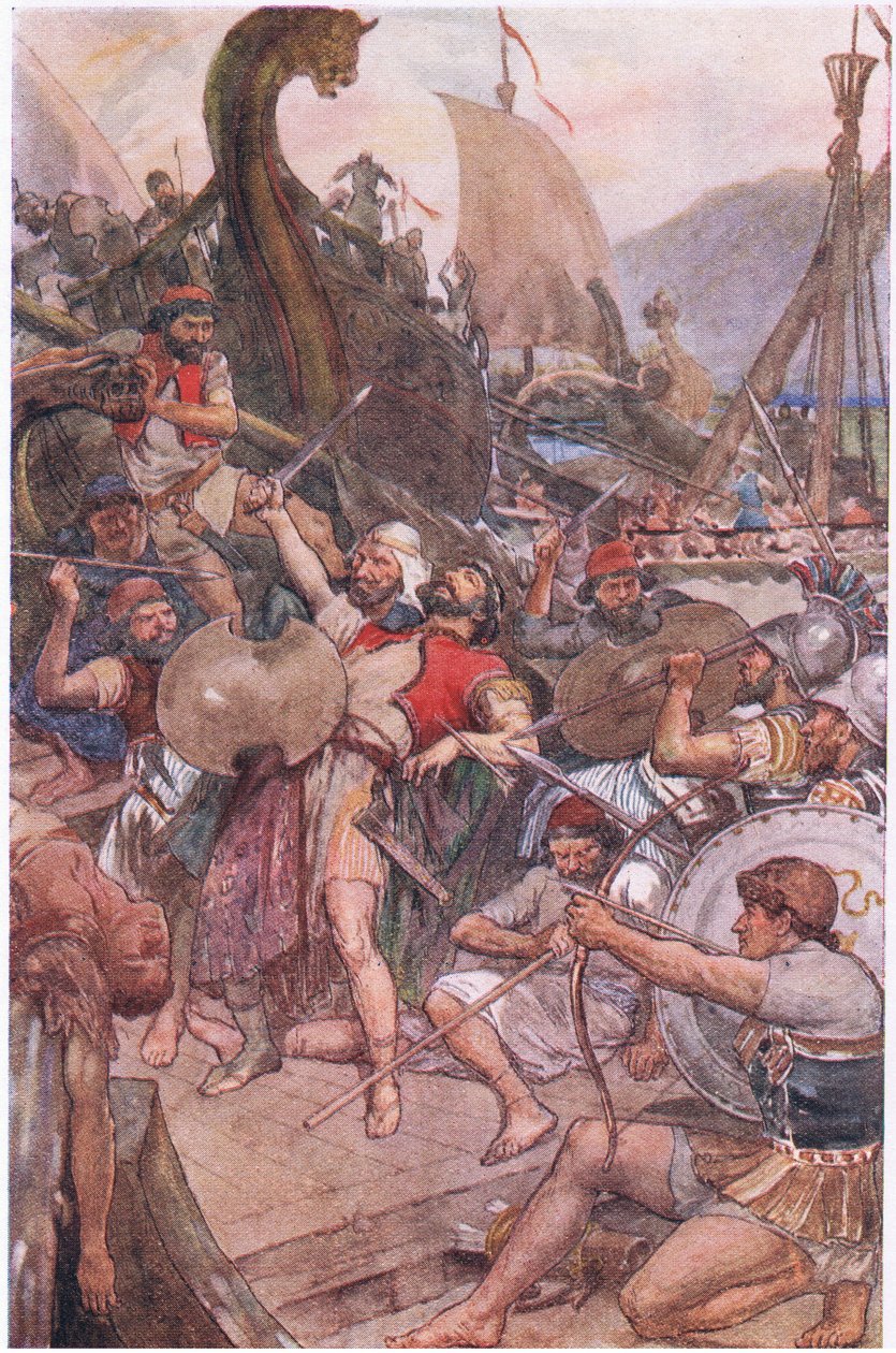Muerte del almirante persa en Salamina, de Plutarch Lives publicado por T C & E C Jack Ltd, 1920s de William Rainey