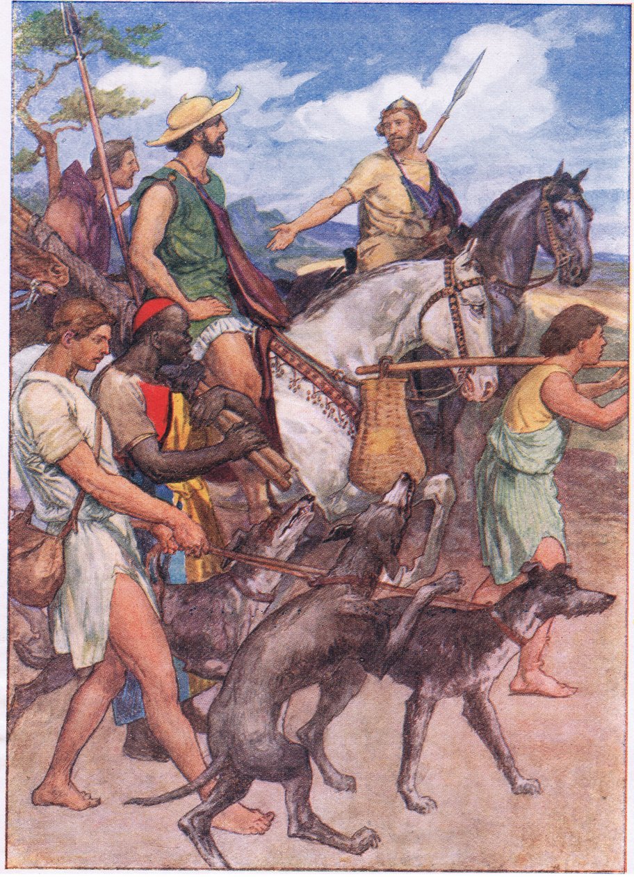 Pelópidas partiendo hacia Tebas, de Plutarch Lives publicado por T C & E C Jack Ltd, 1920s de William Rainey