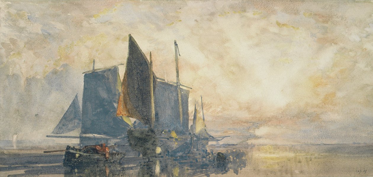 Barcos de pesca anclados: atardecer, siglo XIX de William Roxby Beverly