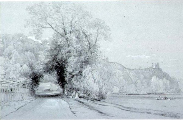 Camino bordeando prados y un castillo de William Roxby Beverly