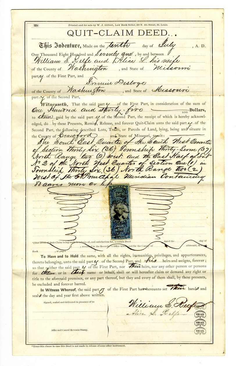 Escritura de renuncia firmada por William S. Reefe y Alice L. Reefe del condado de Washington, 10 de julio de 1871 de William S. Reefe