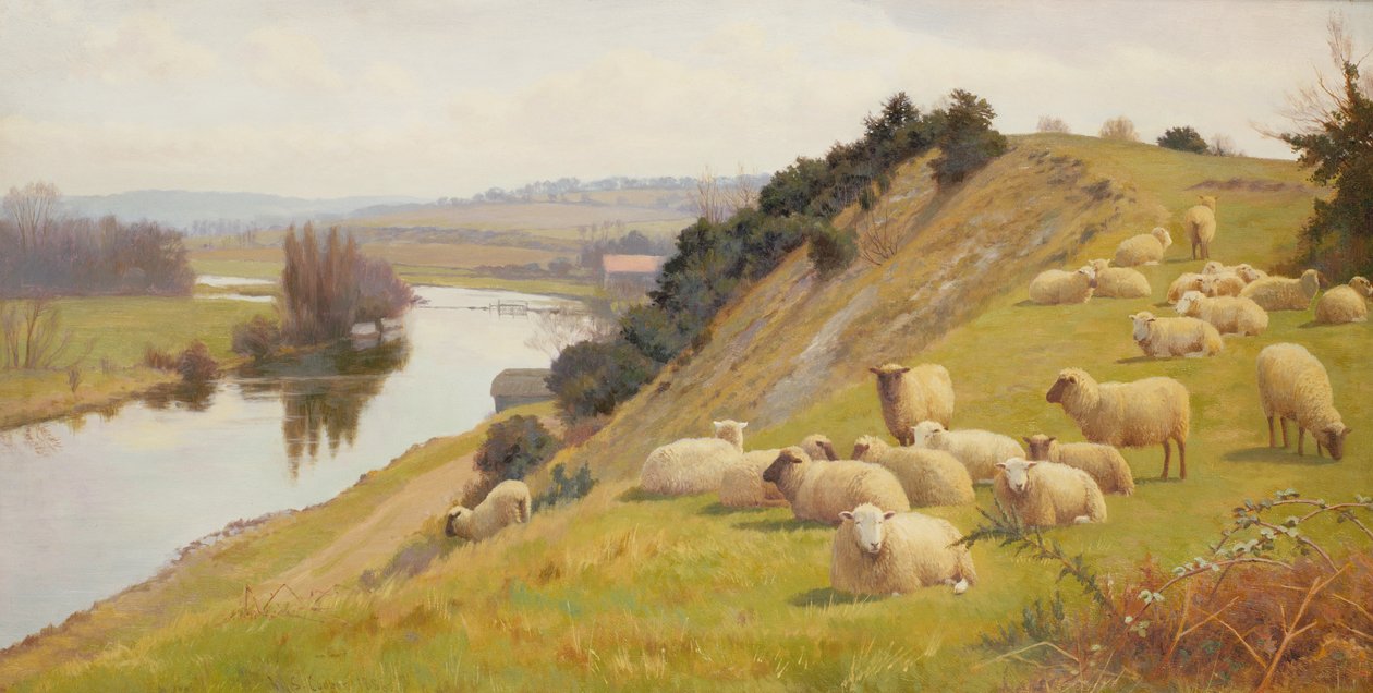 Un pastizal junto al río con ovejas de William Sidney Cooper