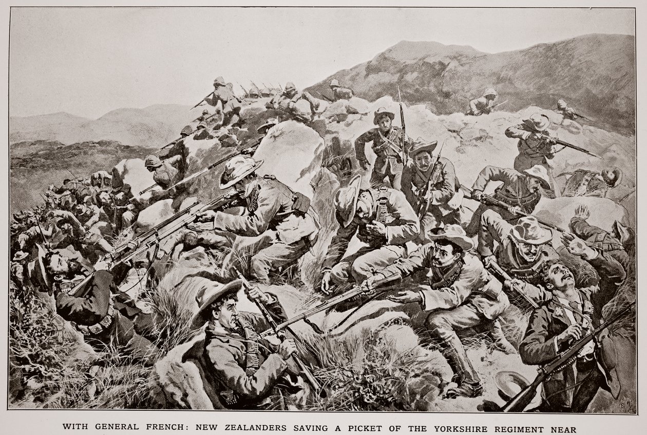 Con el General French: Neozelandeses salvando un piquete del Regimiento de Yorkshire cerca de Slingersfontein el 15 de enero, de un boceto de G.D. Giles (fl.1890) de William Small