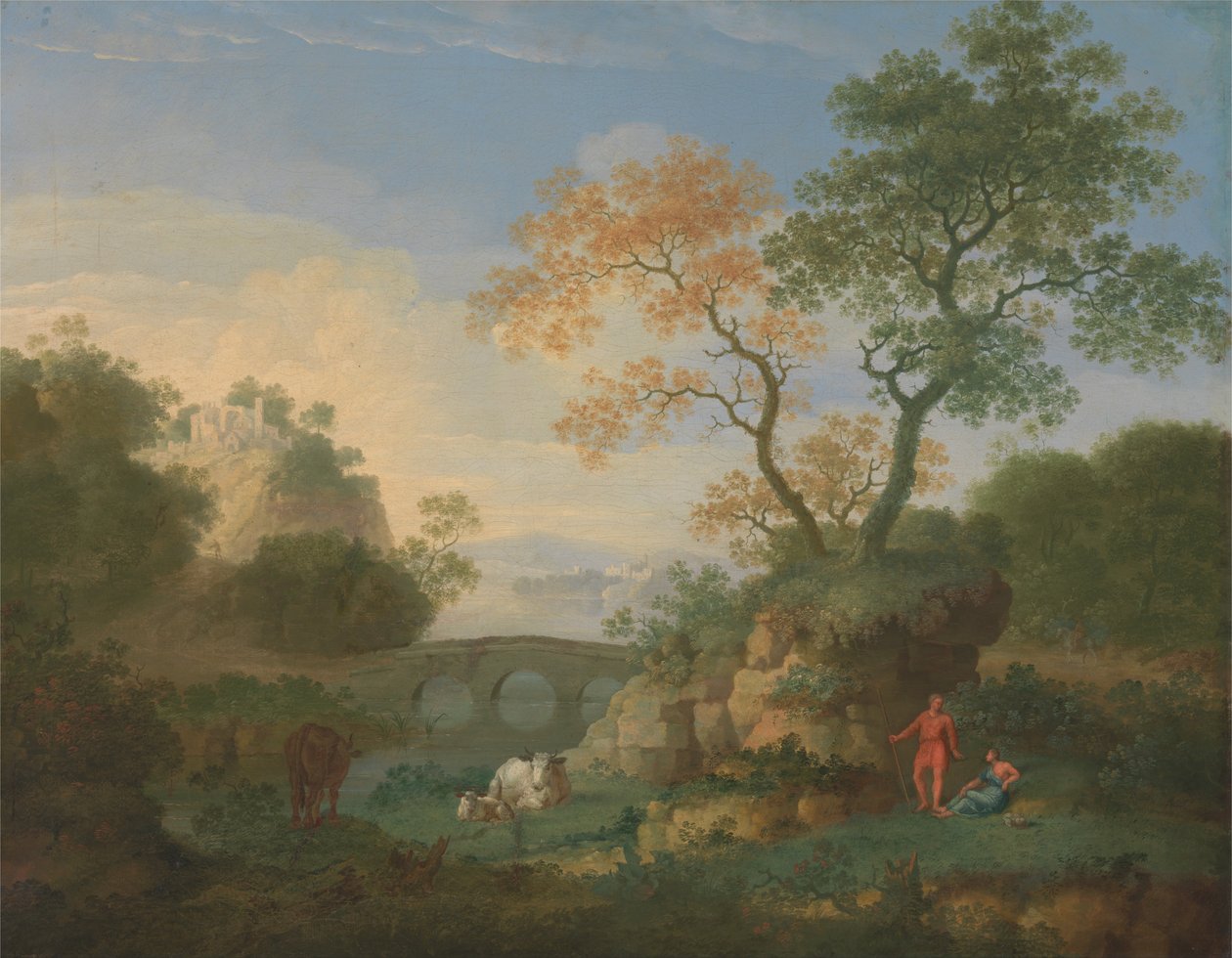 Paisaje con ruinas clásicas distantes, un puente, figuras y ganado de William Smith