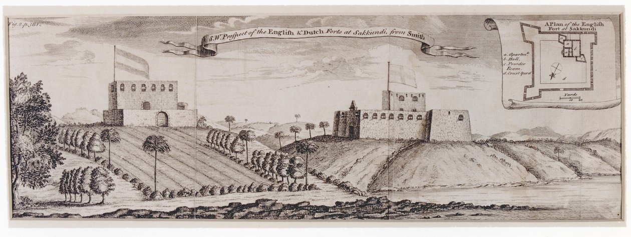 Perspectiva suroeste de los fuertes inglés y holandés en Sakkundi, c.1744 de William Smith