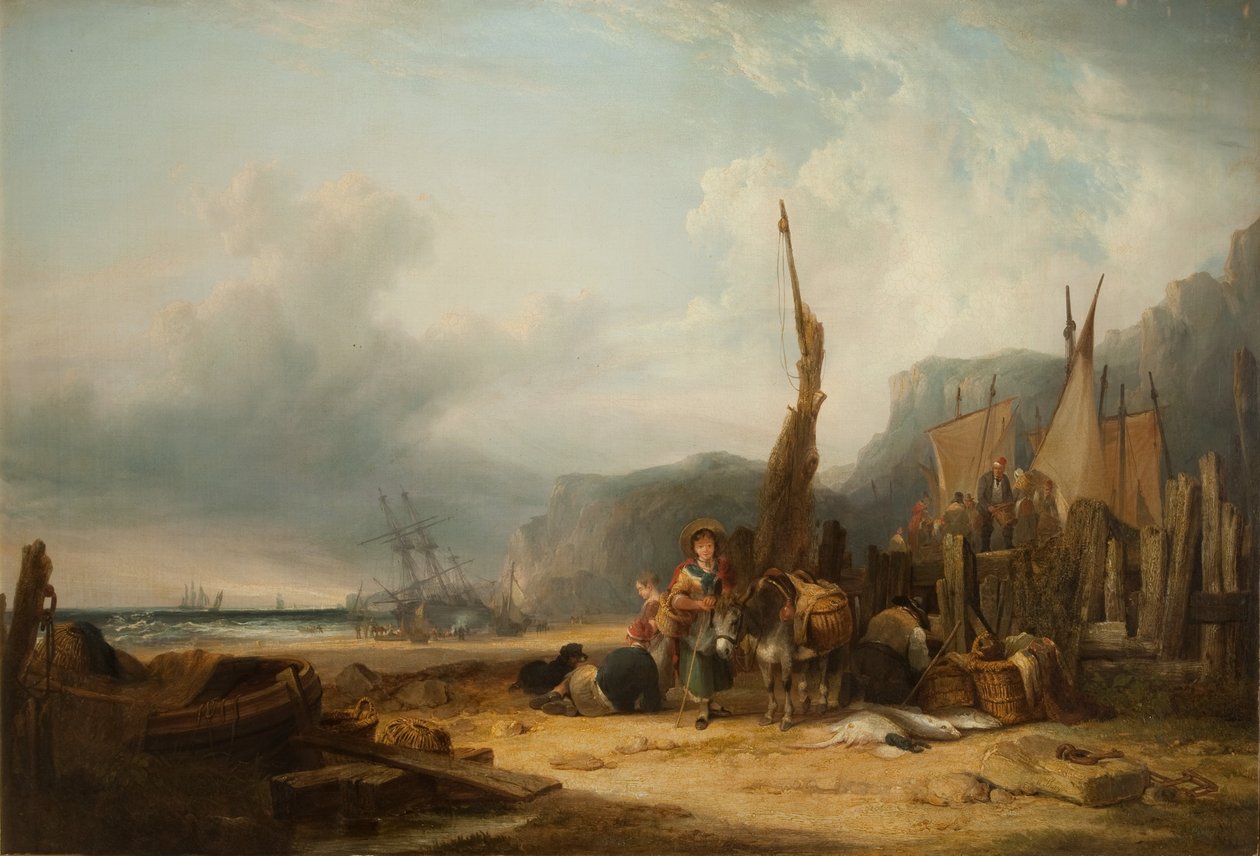 Escena costera con barcos de William Snr. Shayer