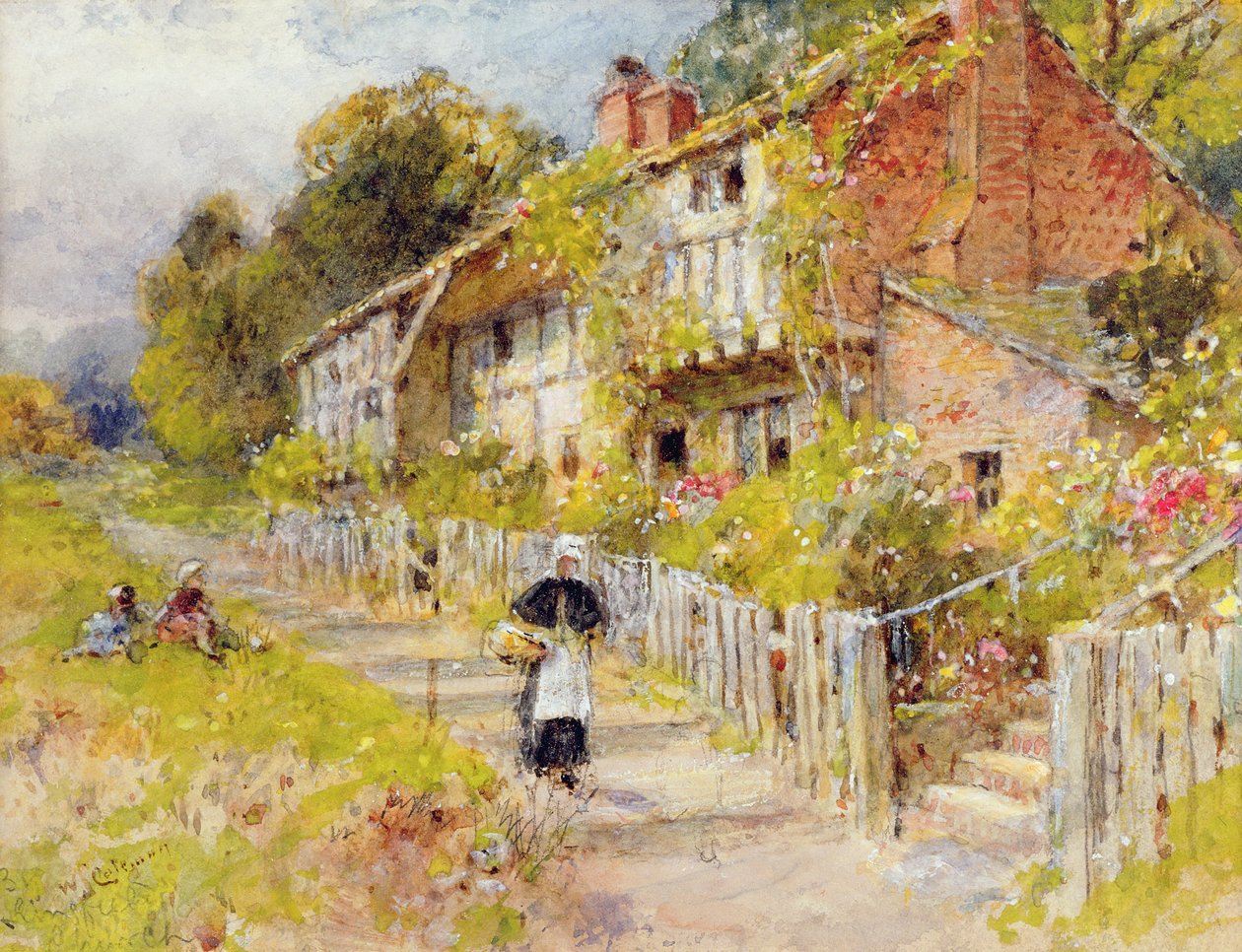 Cabañas - una fila de cabañas con una figura y otros niños jugando de William Stephen Coleman