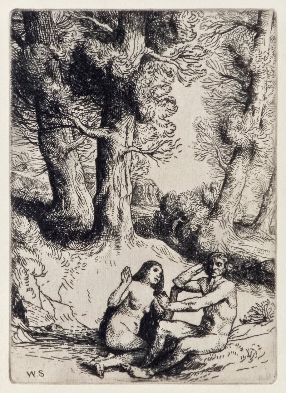 Adán rechaza el consuelo de Eva de El Paraíso Perdido de John Milton, una serie de 12 ilustraciones grabadas por William Strang de William Strang