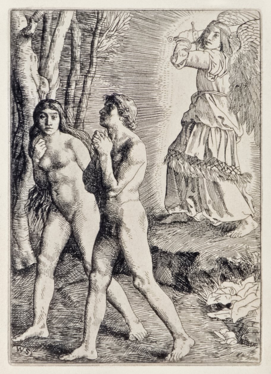 Adán y Eva expulsados del Paraíso de El Paraíso Perdido de John Milton, una serie de 12 ilustraciones grabadas por William Strang de William Strang
