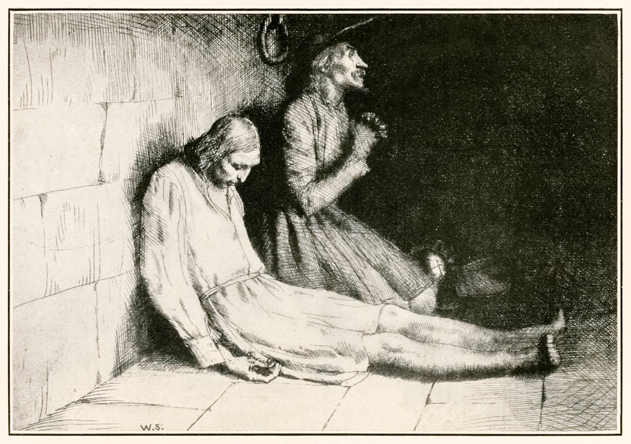 Cristiano y Esperanza en la mazmorra de El progreso del peregrino de este mundo al venidero por John Bunyan (1628-1688) ilustración de William Strang (1859-1921) encarcelados en el Castillo de la Duda de William Strang