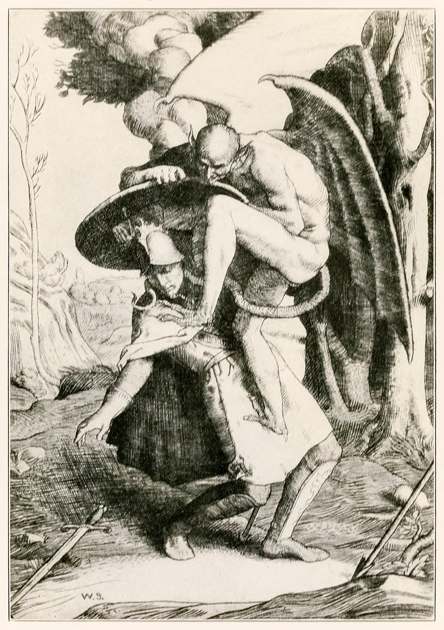 Cristiano lucha contra Apollyon de El progreso del peregrino de este mundo al venidero por John Bunyan, ilustración de William Strang de William Strang
