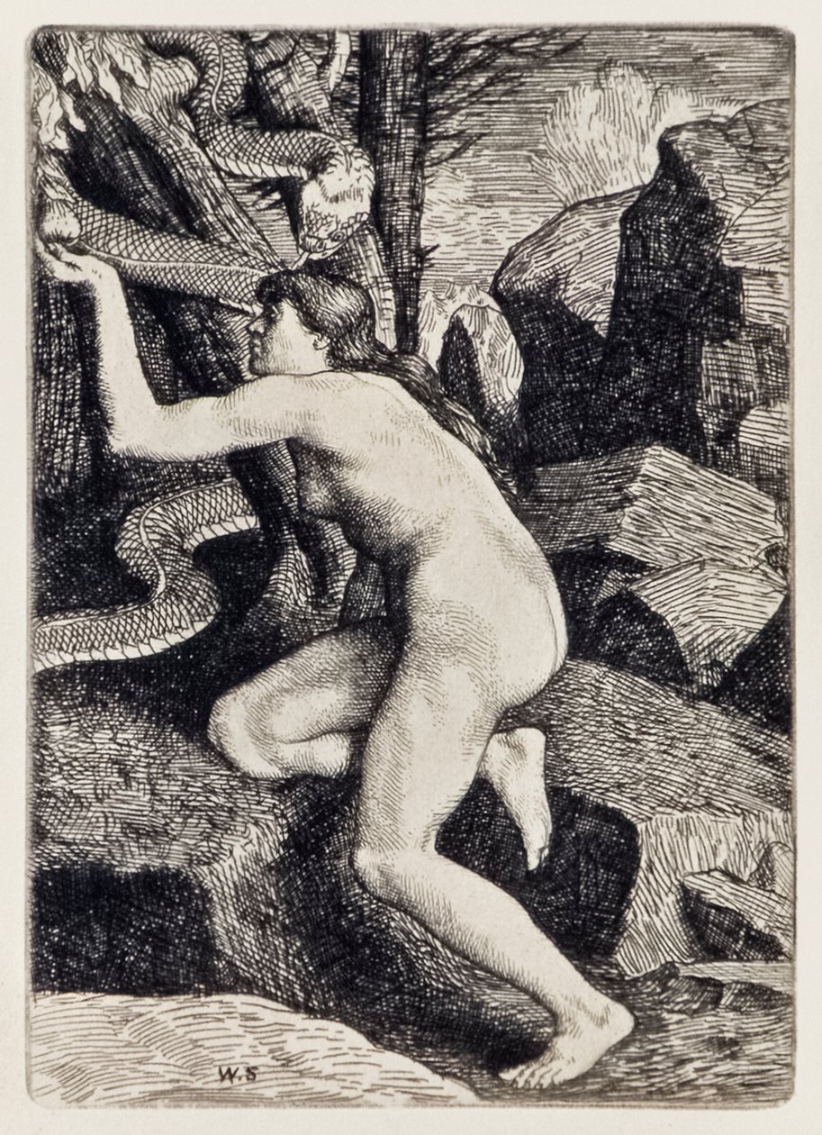 Eva tentada por Satanás en forma de serpiente de El Paraíso Perdido de John Milton, una serie de 12 ilustraciones grabadas por William Strang de William Strang
