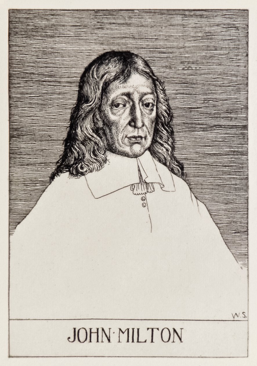 Frontispicio retrato de John Milton de El Paraíso Perdido, una serie de 12 ilustraciones grabadas por William Strang de William Strang