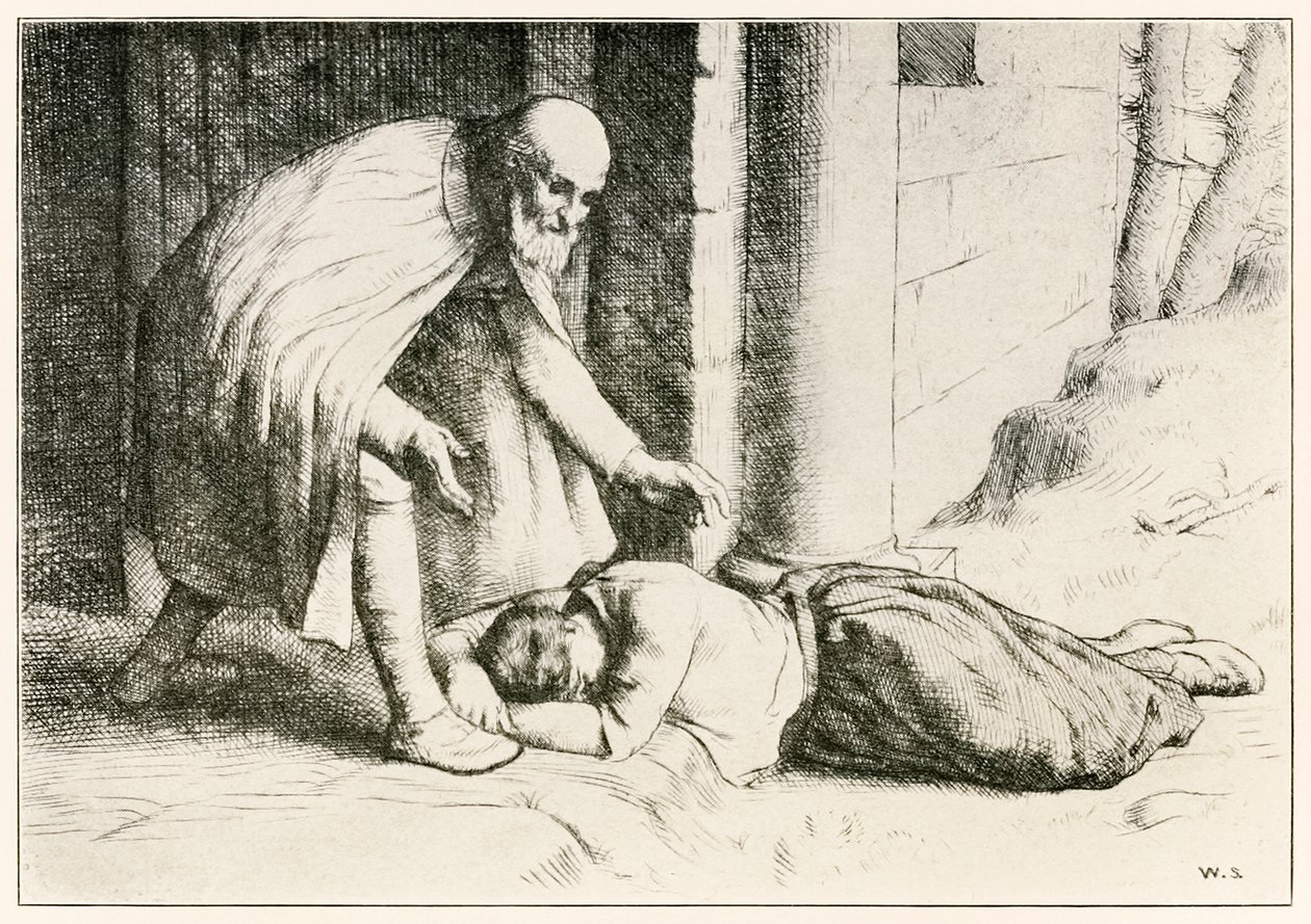 Misericordia se desmaya ante la puerta de El progreso del peregrino de este mundo al venidero por John Bunyan, ilustración de William Strang de William Strang