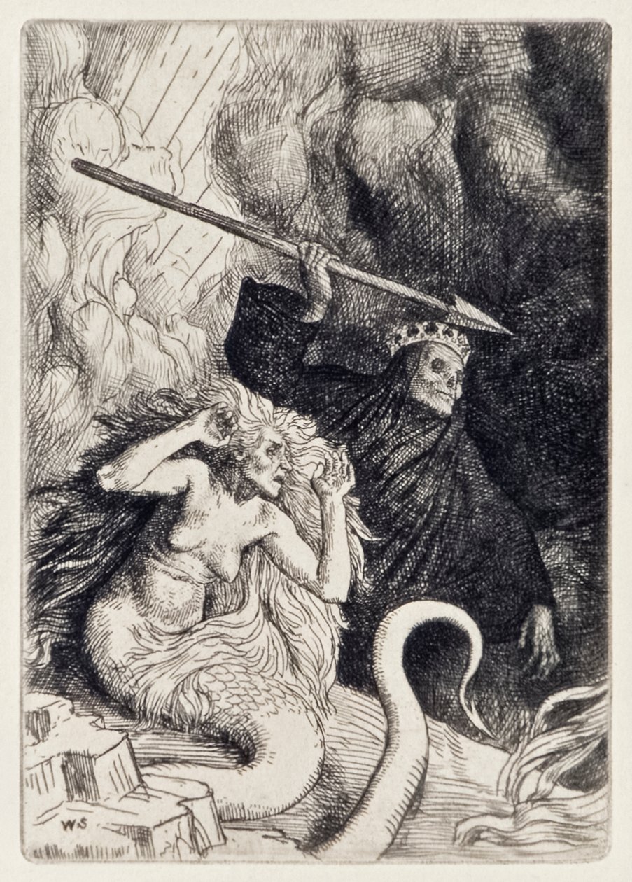 Pecado y Muerte en las puertas del infierno de El paraíso perdido por John Milton, serie de 12 ilustraciones grabadas por William Strang de William Strang
