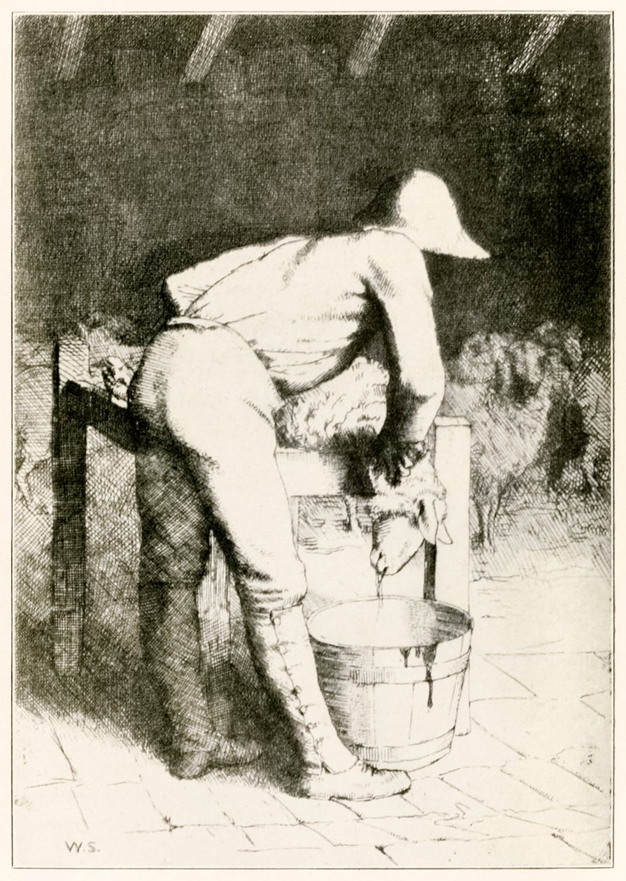 El carnicero y la oveja de El progreso del peregrino de este mundo al venidero por John Bunyan, ilustración de William Strang de William Strang