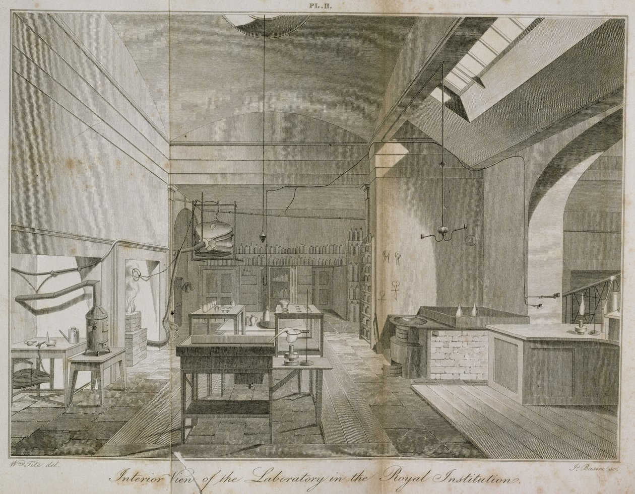 Interior del laboratorio del sótano de las Instituciones Reales, de Manual de Química, por W.T. Brande, grabado por James Basire de William Tite