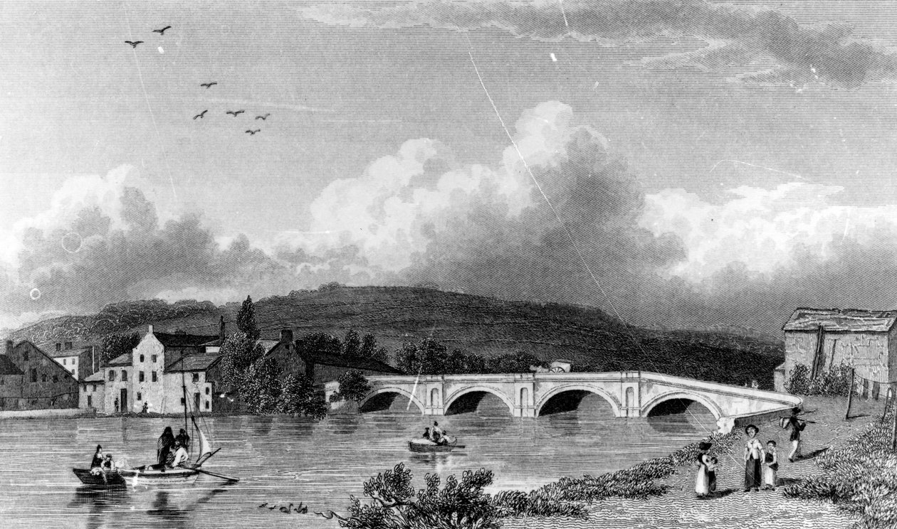 Puente Strammongate, Kendal, grabado por E. Finden de William Westall