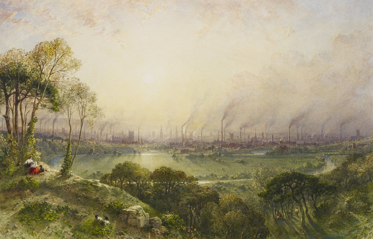 Manchester desde Kersal Moor, con figuras rústicas y cabras de William Wyld