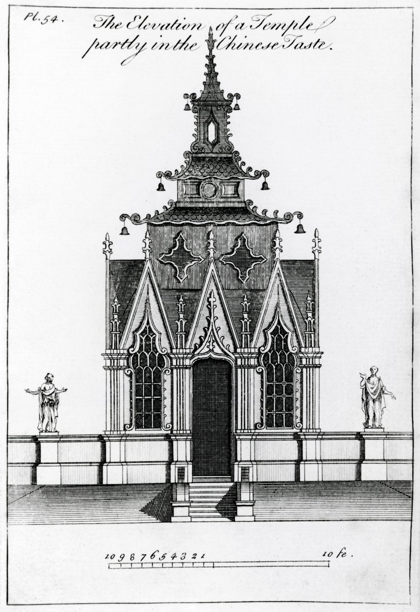 La elevación de un templo parcialmente en el estilo chino, de New Designs for Chinese Temples, publicado en 1750-52 de William after Halfpenny
