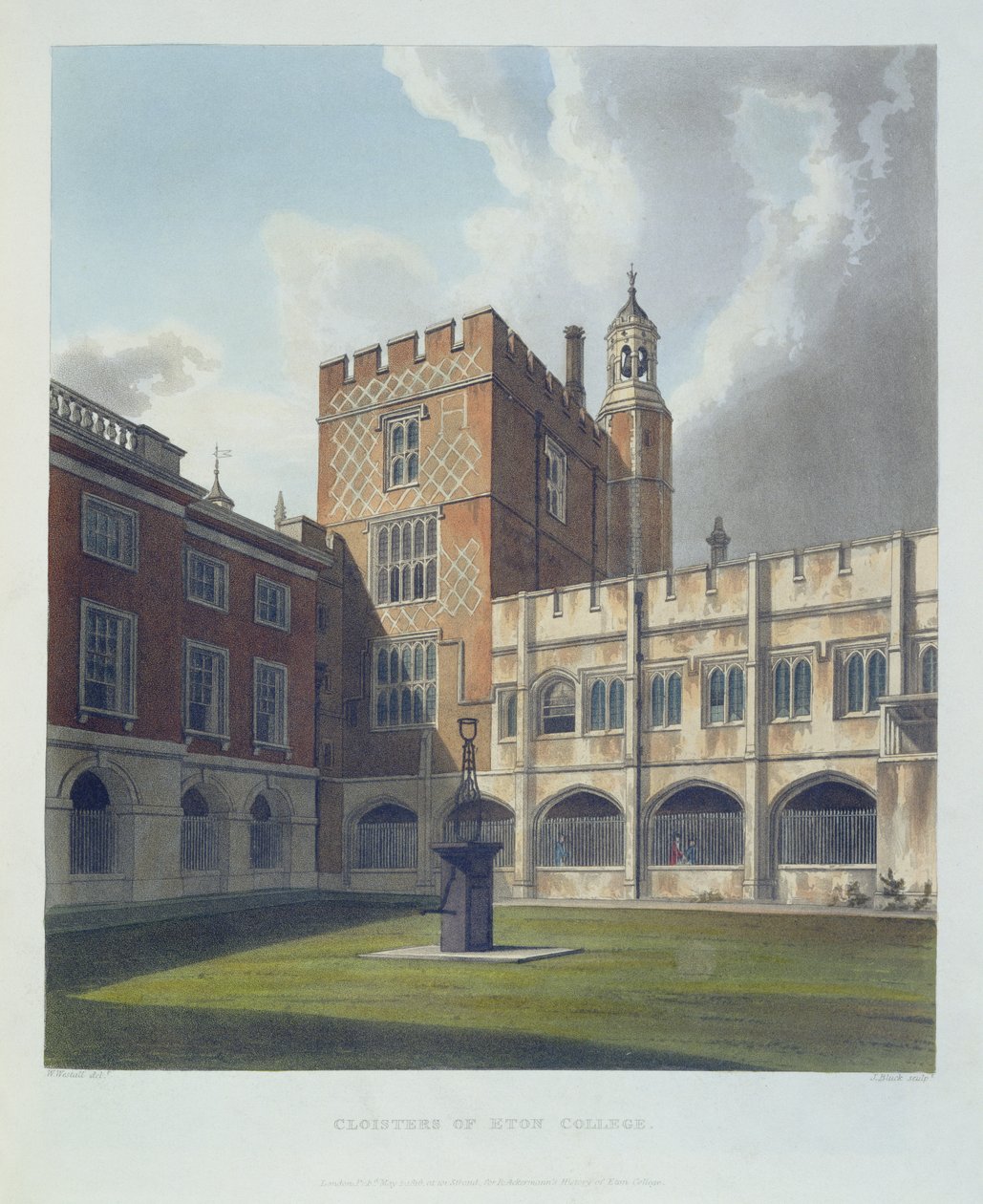 Claustros del Colegio Eton, de la Historia del Colegio Eton, parte de la Historia de los Colegios, grabado por J. Bluck (fl.1791-1831) pub. por R. Ackermann, 1816 de William after Westall