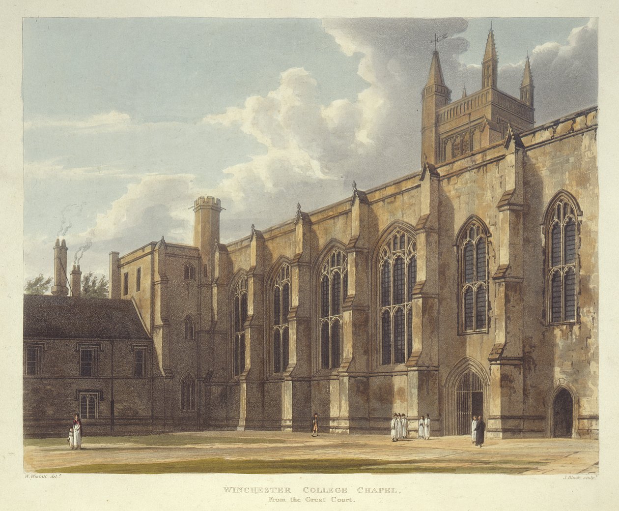 Capilla del Colegio Winchester desde el Gran Patio, de la Historia del Colegio Winchester, parte de la Historia de los Colegios, grabado por J. Bluck (fl.1791-1831) pub. por R. Ackermann, 1816 de William after Westall