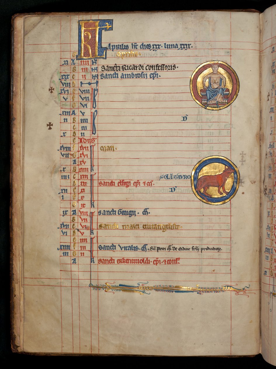 Ms 322 f.2v, Abril, un hombre sentado sosteniendo dos flores, ilustración del 