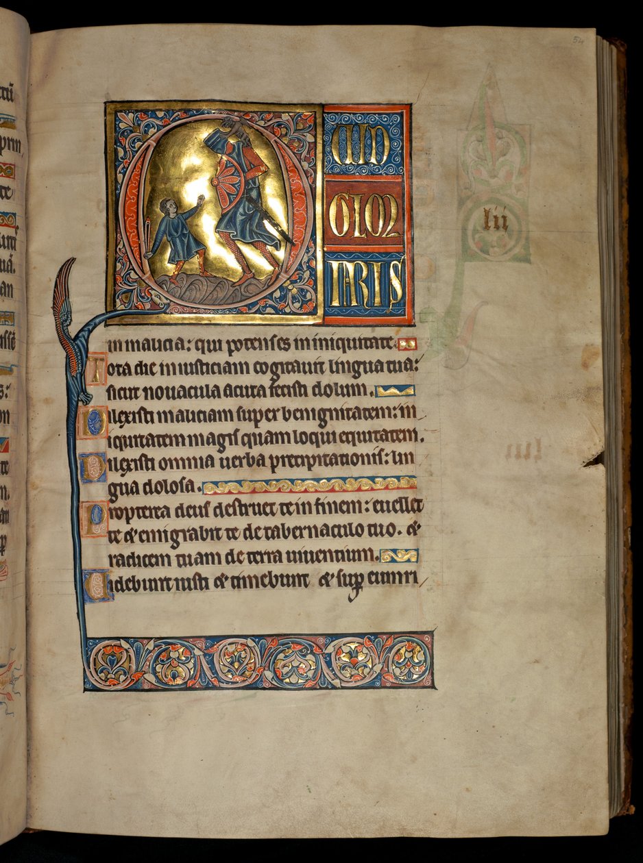 Ms 322 f.54r, Salmo 51, inicial Q, David y Goliat, ilustración del 