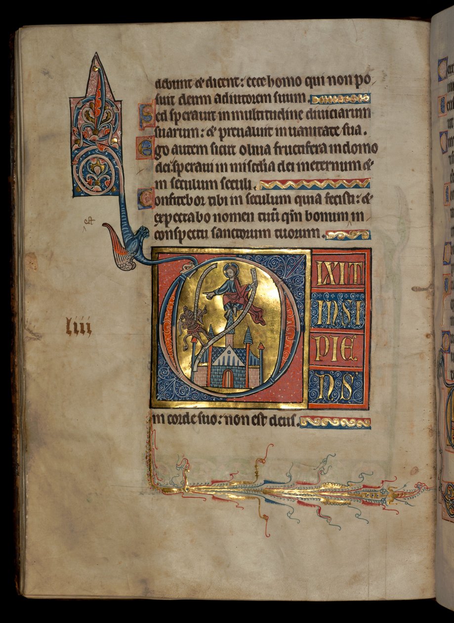 Ms 322 f.54v, Salmo 52, inicial D, Tentación de Cristo, ilustración del 