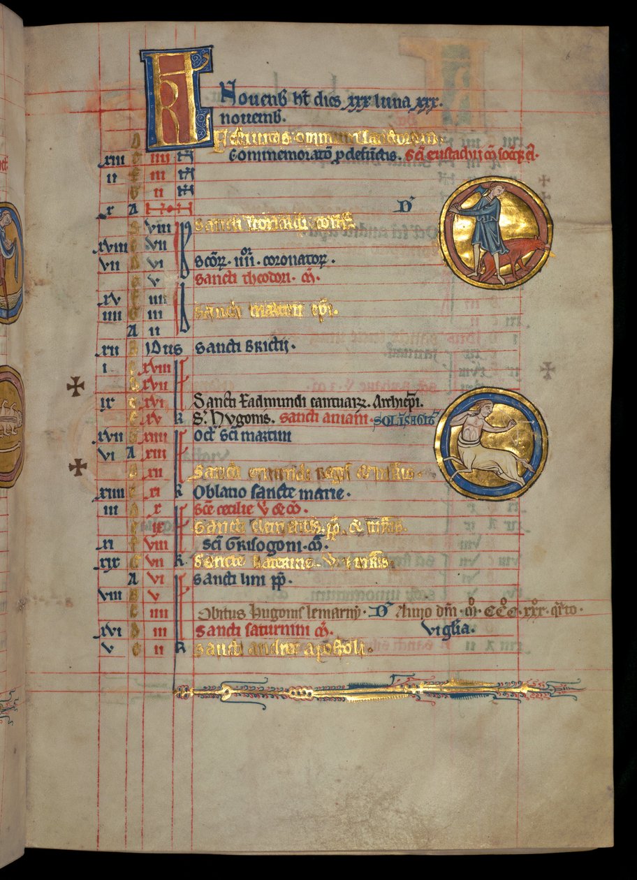 Ms 322 f.6r, noviembre, un hombre sacrificando un cerdo, ilustración del 