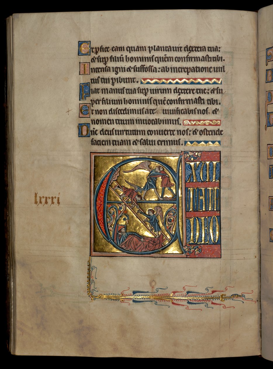 Ms 322 f.82v, Salmo 80, inicial E, Jacob luchando con el ángel, el sueño de Jacob, ilustración del 