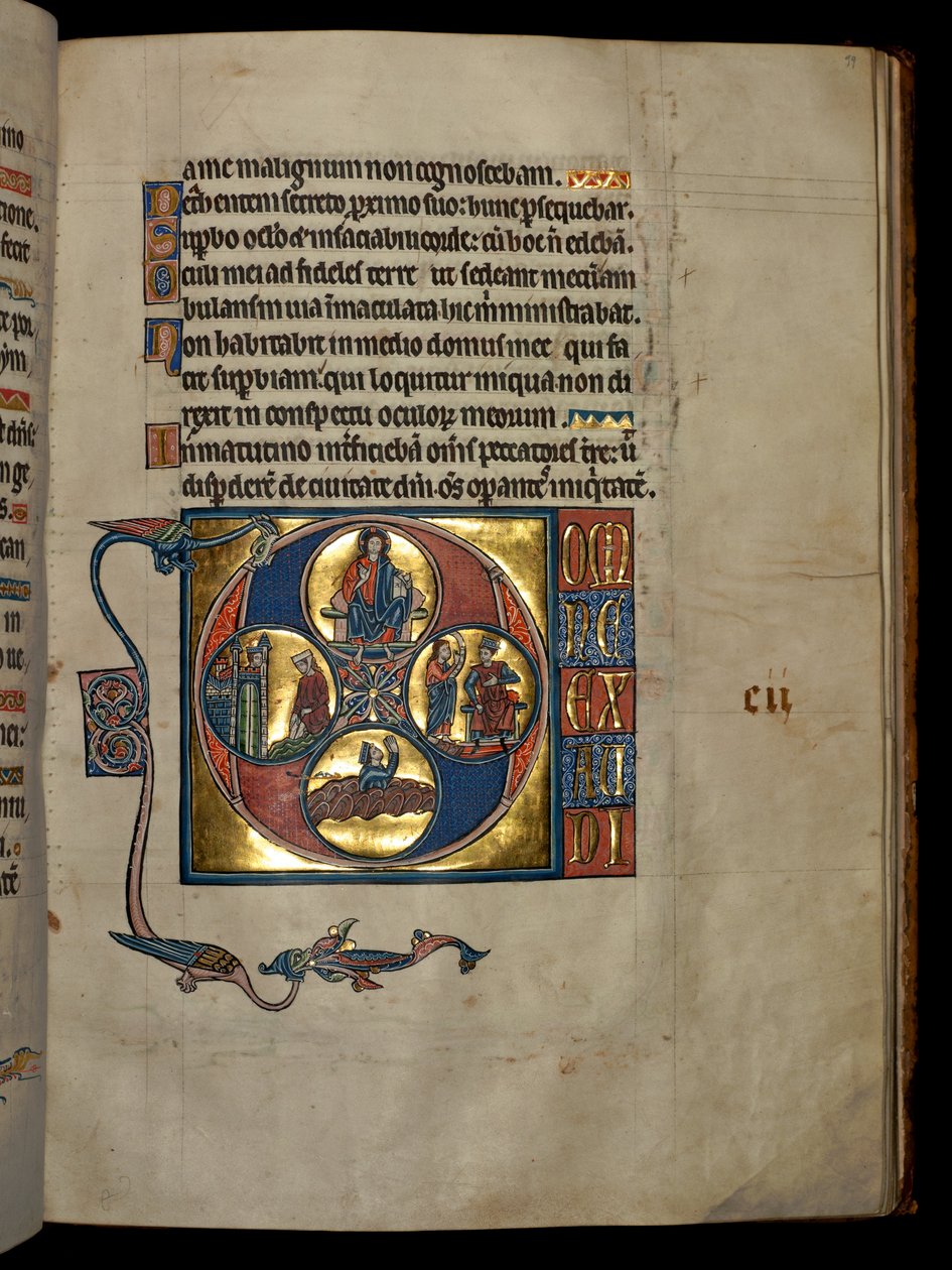Ms 322 f.99r, Salmo 101, inicial D, Cristo bendiciendo, David mirando a Betsabé, Natán reprende a David y el penitente David orando, ilustración del 