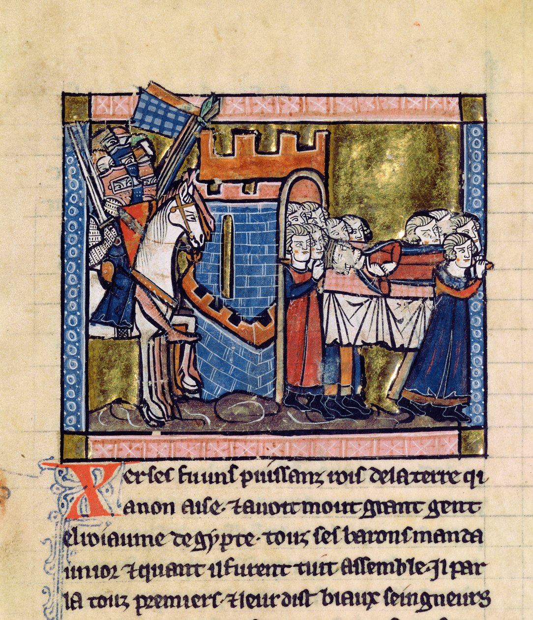 Fr.2630 f.102 Ciudadanos de Edesa rinden homenaje a Balduino II, de la Estoire d