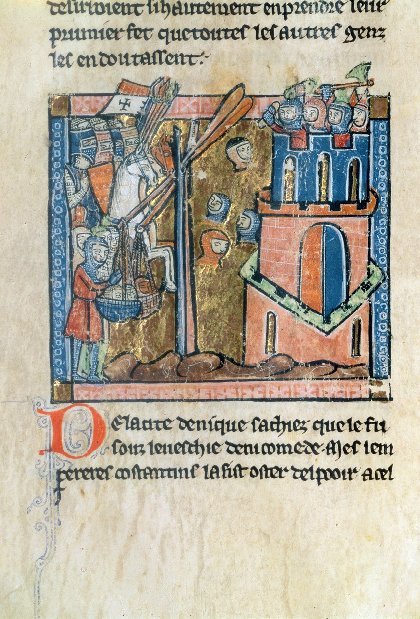 Fr.2630 f.22v Cruzados bombardean Nicea con cabezas en 1097, de la Estoire d