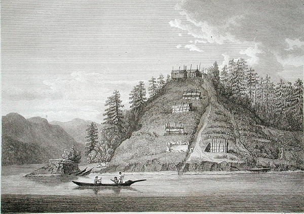 Pueblo de los indios amistosos en la entrada del canal de Bute, grabado por J. Landseer, c.1790-99 de William (after) Alexander