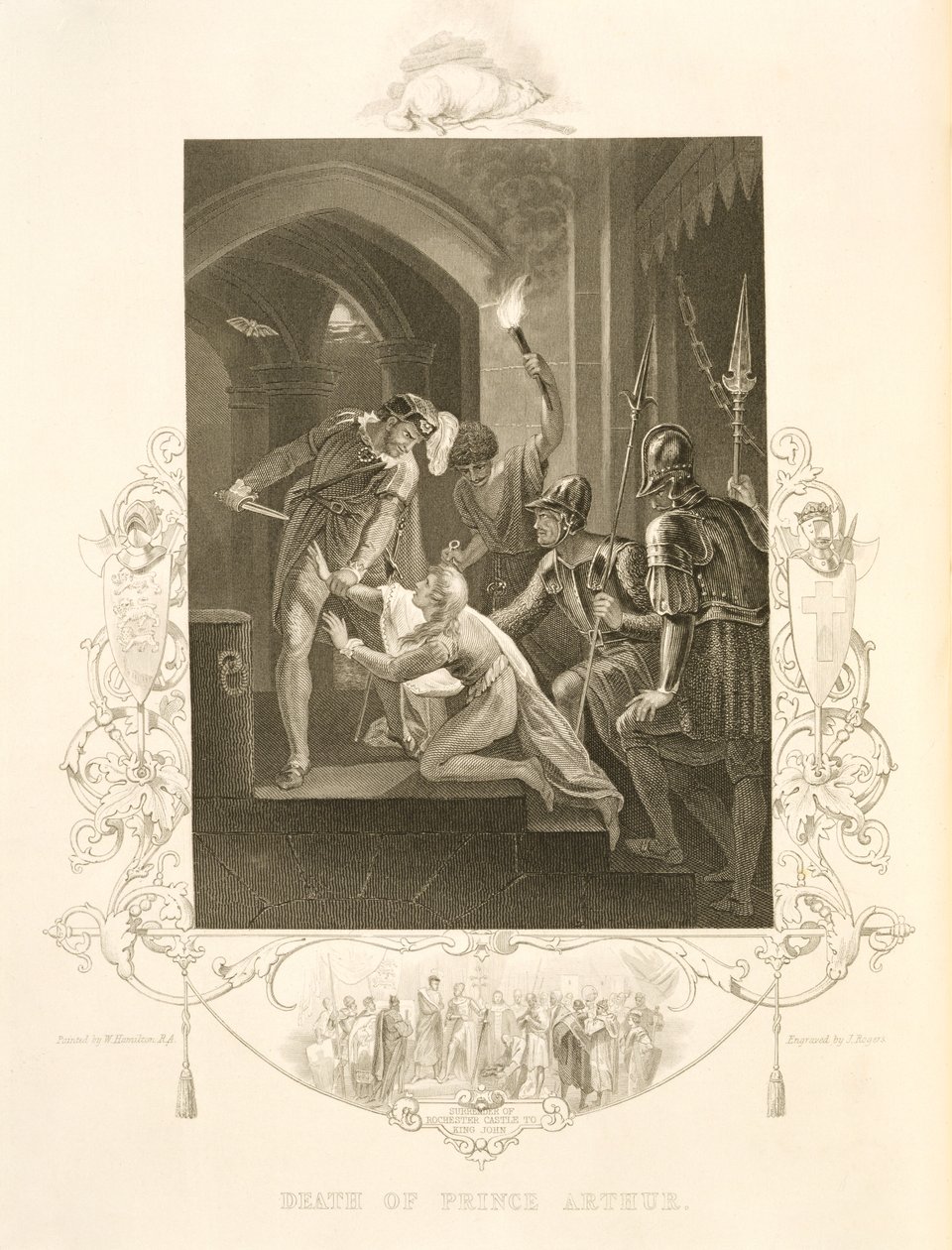 La muerte del príncipe Arturo, en El rey Juan, de William Shakespeare (1564-1616), grabada por J. Rogers (grabado) de William (after) Hamilton