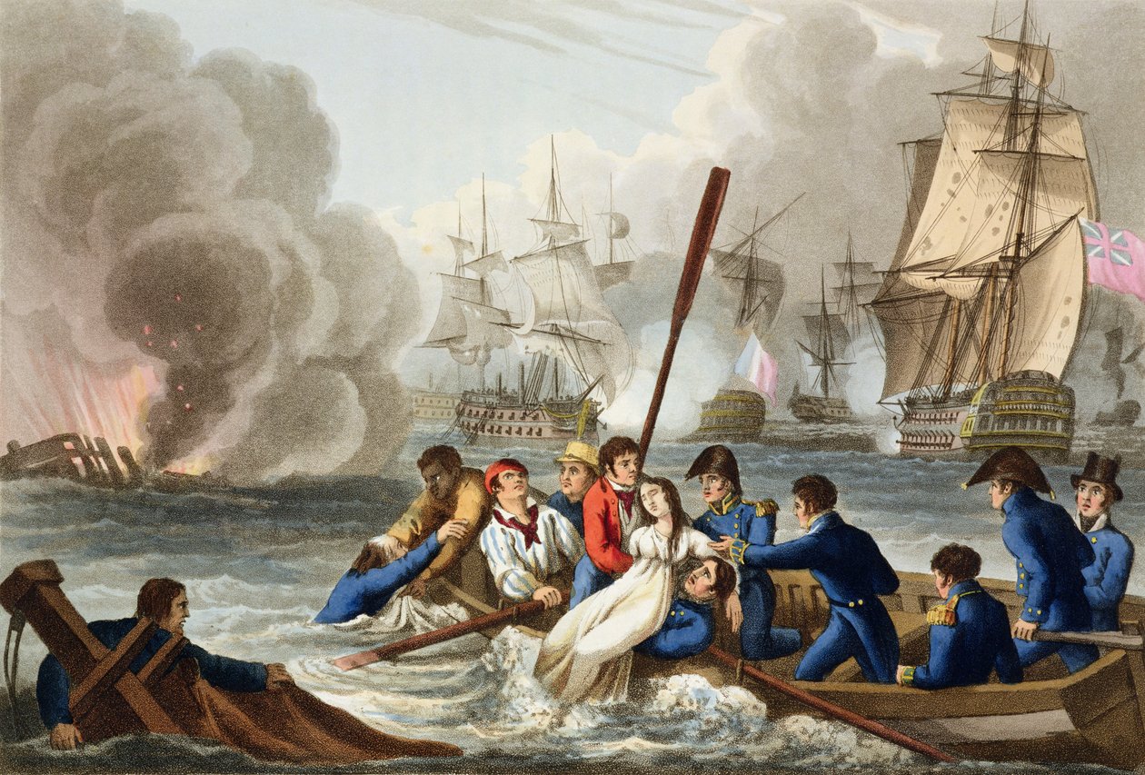 Anécdota en la Batalla de Trafalgar, grabado por Matthew Dubourg de 