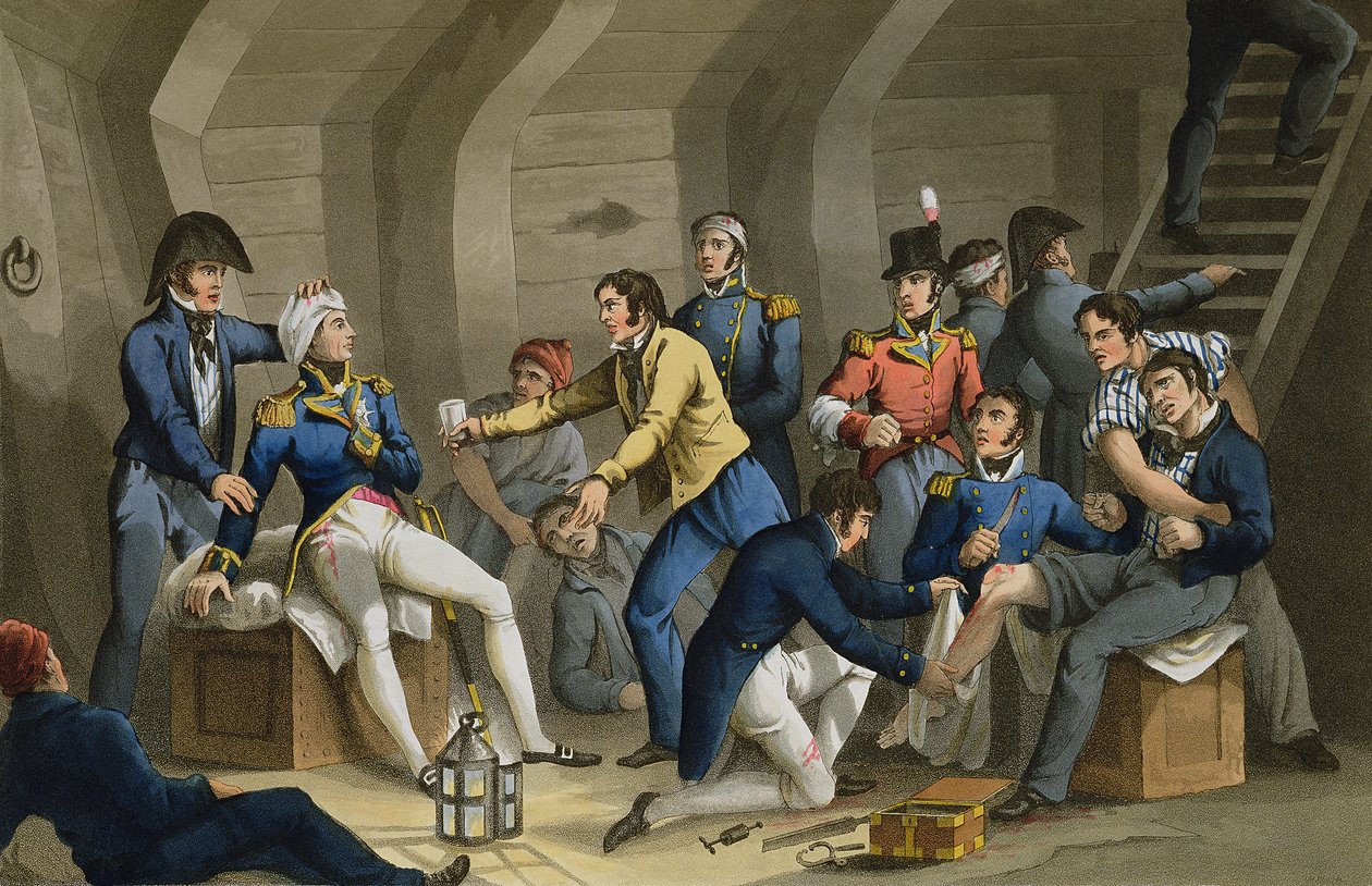 The Cockpit, Battle of the Nile, mostrando a Nelson herido en la batalla, grabado por Matthew Dubourg (fl.1813-20) de 