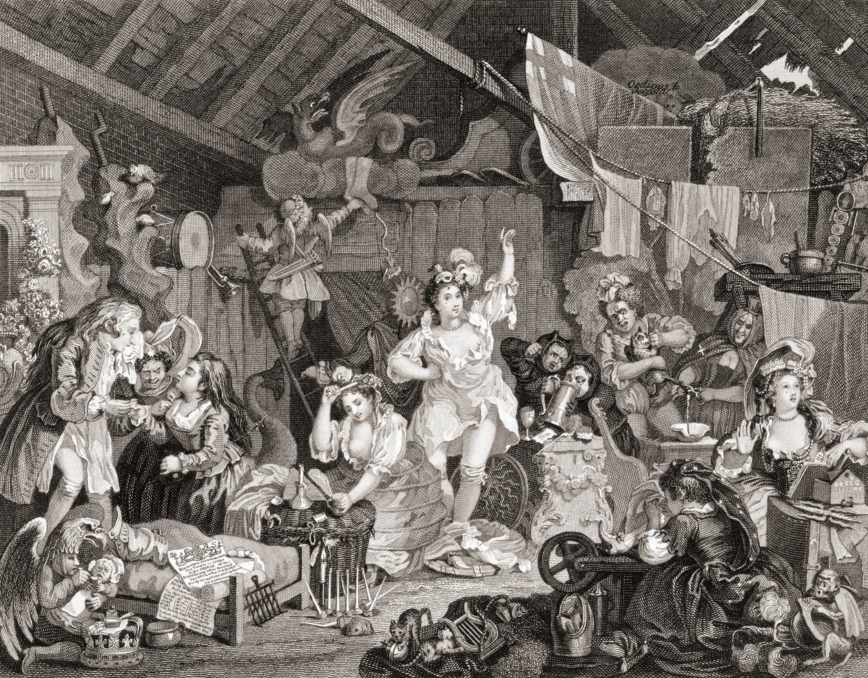 Jugadores ambulantes ensayando en un granero, grabado por G Presbury, de The Works of Hogarth publicado en Londres 1833 de William (after) Hogarth