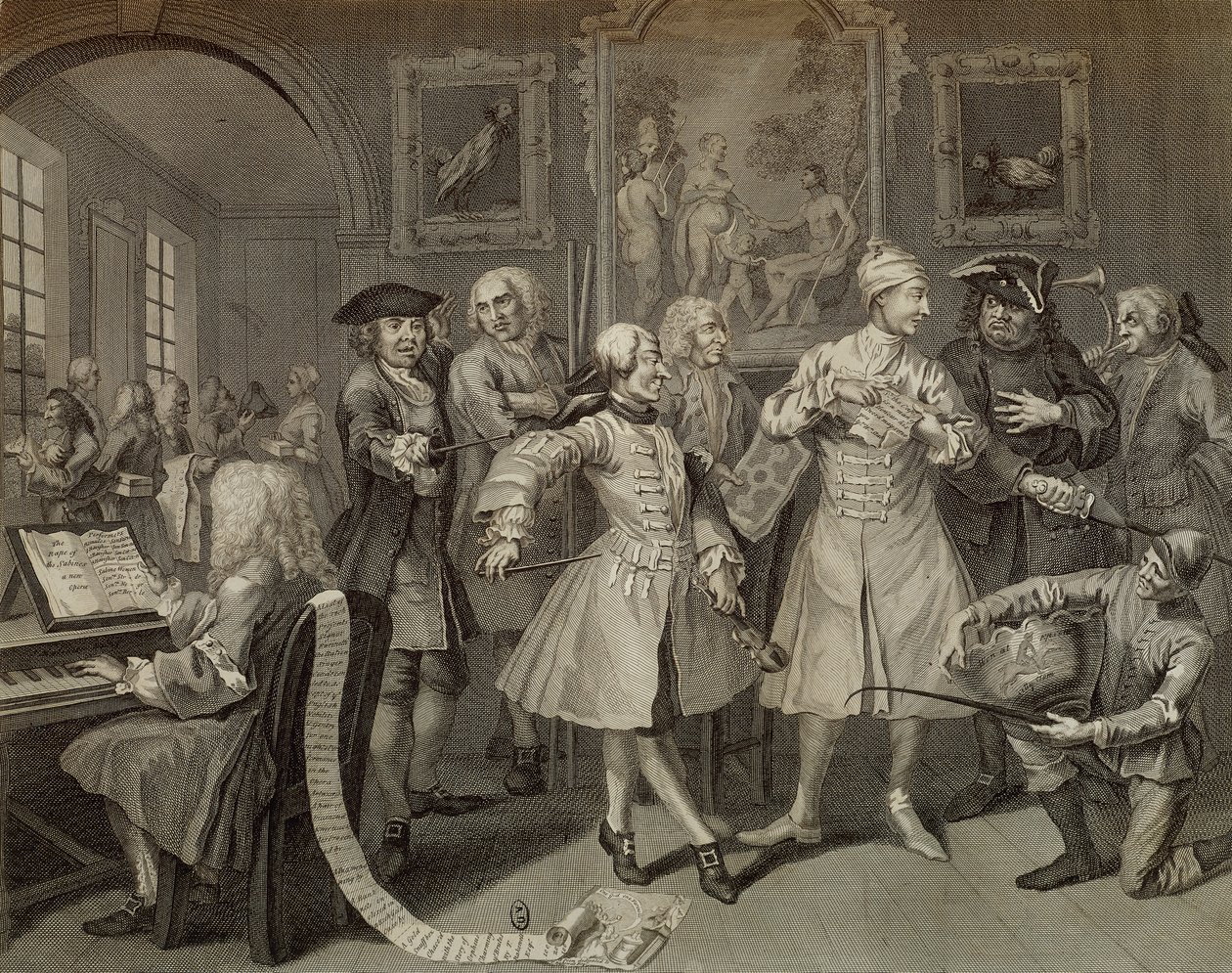 Tom Rakewell rodeado de artistas y profesores, lámina II de The Rake