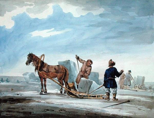 Transporte de hielo en trineo tirado por caballos, de 