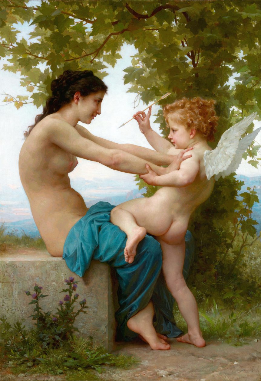 Francés: Jeune fille se défendant contre Éros A Young Girl Defending Herself Against Eros de William Adolphe Bouguereau