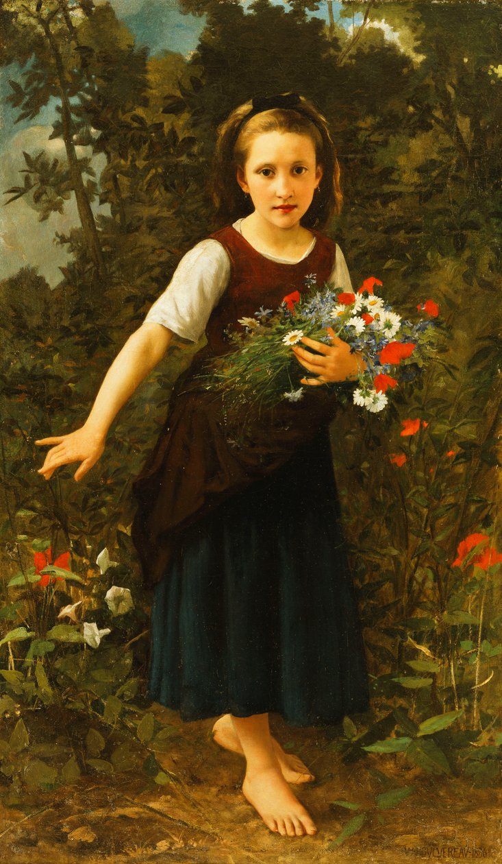 Niña junto al arroyo sosteniendo un manojo de flores, 1886 de William-Adolphe Bouguereau