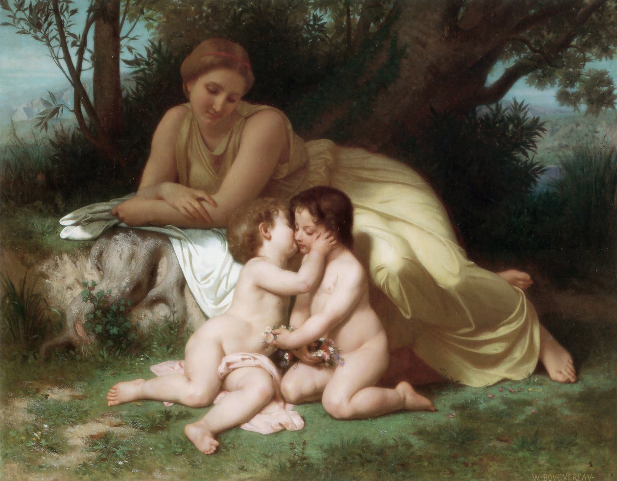 Mujer joven contemplando a dos niños abrazados de William Adolphe Bouguereau