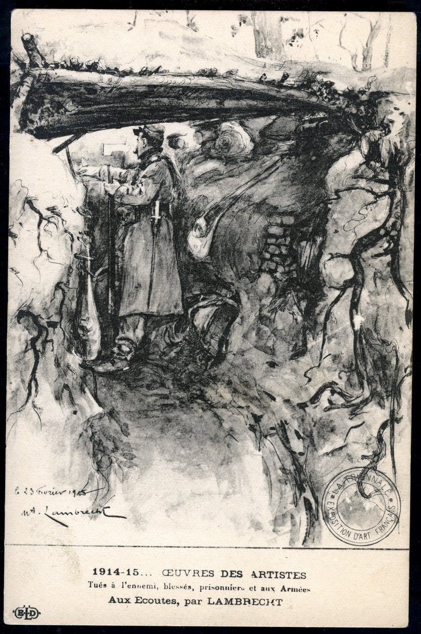 Primera Guerra Mundial - Guerra 14-18 (1914-1918) - Primera Guerra Mundial (WWI o WW1): Francia, Mapa Patriótico mostrando un dibujo de un soldado en una trinchera observando la línea del frente, titulado: 