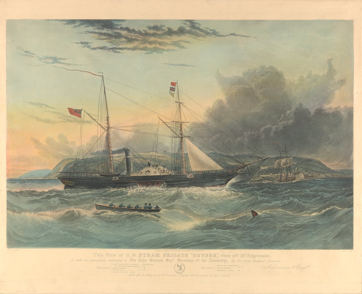 Esta vista de la fragata de vapor Geyser, frente al monte Edgecombe, está dedicada a Sir John Barrow... de William Adolphus Knell