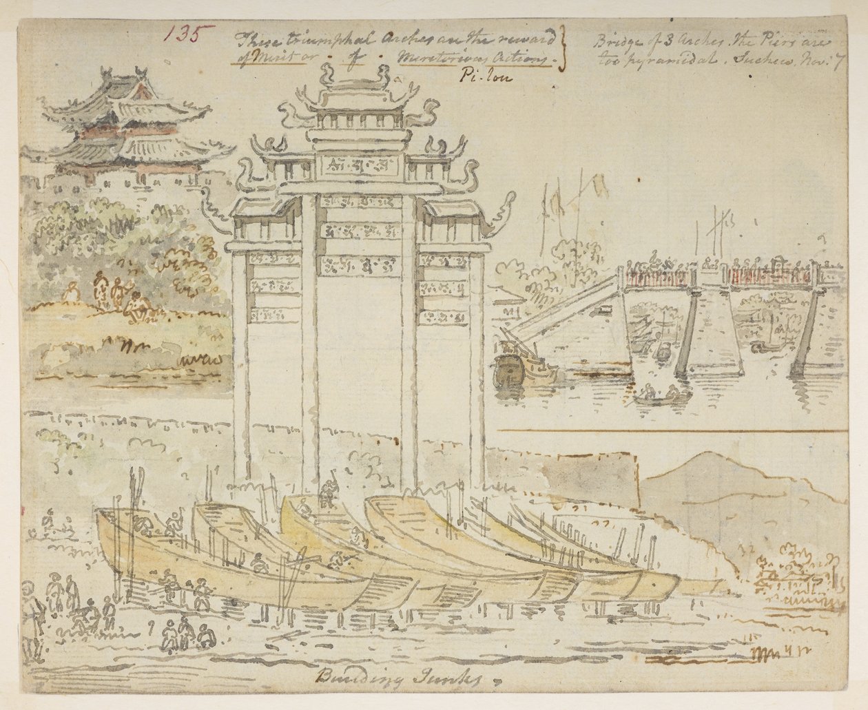 135 Juncos en construcción cerca de un arco de triunfo. “Estos arcos triunfales son la recompensa del Mérito o de las Acciones Meritorias. Puente de 3 arcos. Los muelles son demasiado piramidales. Suchew [Suchow]. Nov 7.