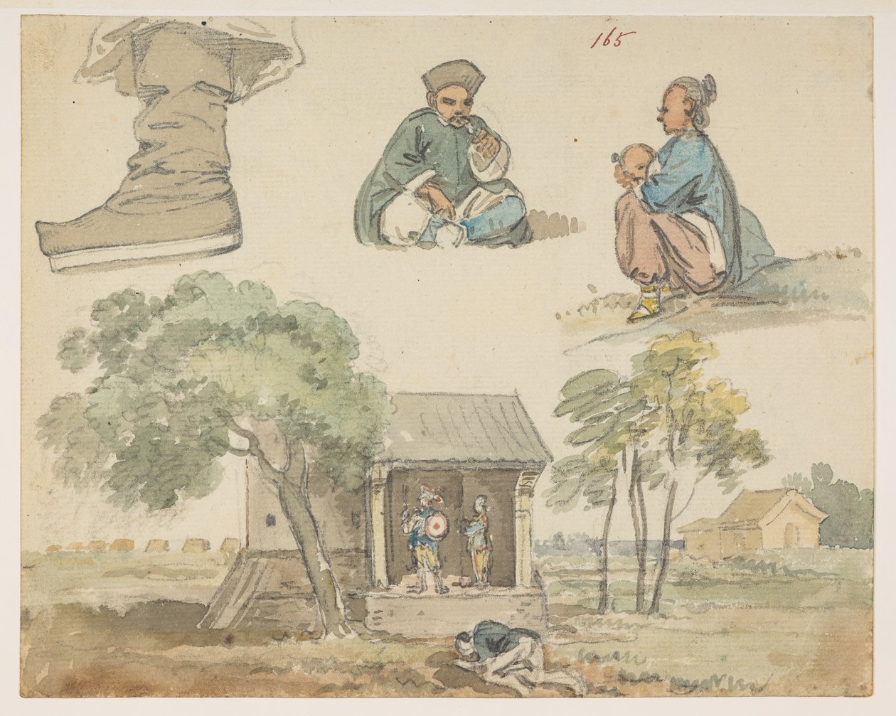 165 Estudios de figuras y santuario.  , de un Álbum de 372 dibujos de paisajes, costas, disfraces y la vida cotidiana realizados durante la embajada de Lord Macartney ante el Emperador de China, entre 1792 y 1794 (lápiz y acuarela sobre papel) de William Alexander
