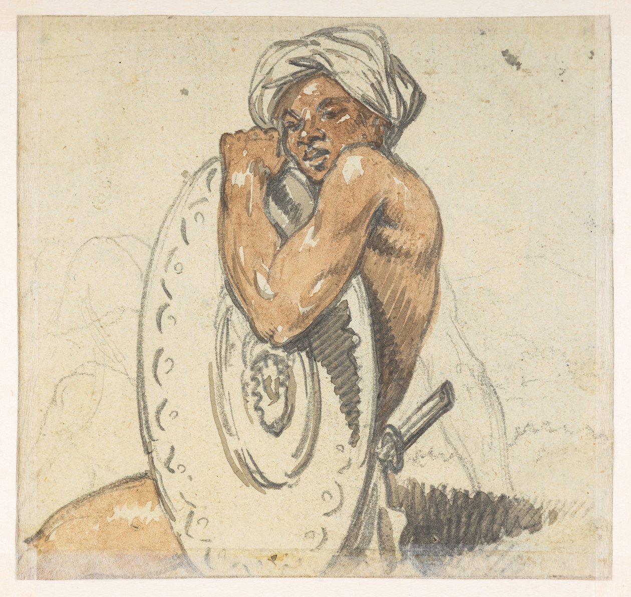 29v Joven con escudo.  de un álbum de 372 dibujos de paisajes, costas, disfraces y la vida cotidiana realizados durante la embajada de Lord Macartney ante el emperador de China, entre 1792 y 1794 (lápiz y acuarela sobre papel) de William Alexander