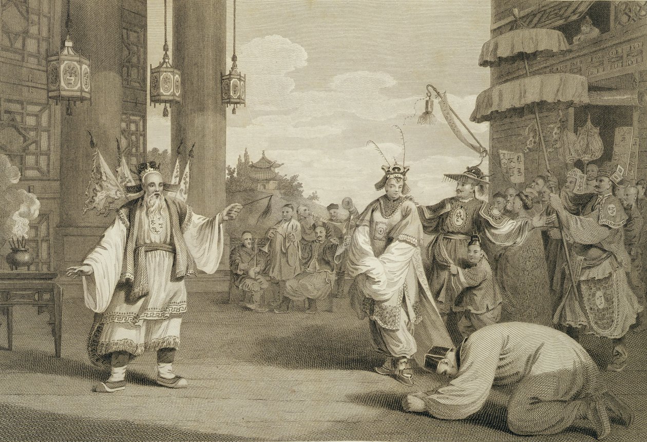 Una escena en una obra histórica exhibida en el escenario chino, grabado por James Heath, pub. por G. Nicol, 1796 de William Alexander